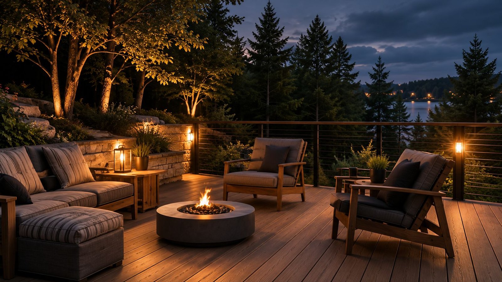 Beautiful wooden deck overlooking autumn forest