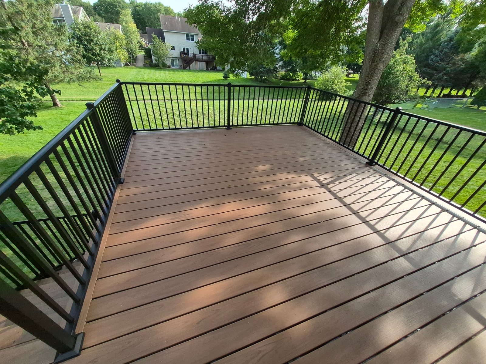 Beautiful wooden deck overlooking autumn forest